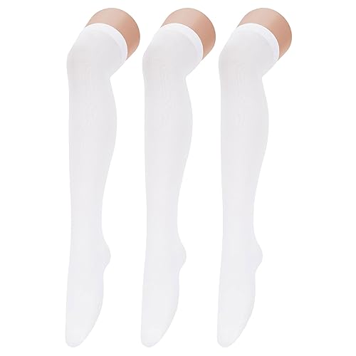 Century Star Thigh High Socks for Women Tube Extra Long Over Knee Socks Triple Stripes Socks Warm Stockings 3 Pack White One Size