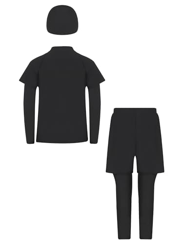 3Pcs Kids Boys Teen Swimsuit Long Sleeve Swim Top with Double Layers Swim Pants and Swim Hat2