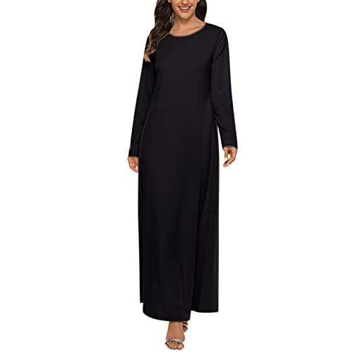 Vestido musulmán de moda para mujer, manga larga, casual, vestido liso Abaya, vestido casual para mujer, vestidos altos y bajos, Negro, L