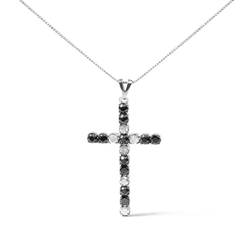 .925 Sterling Silver 2.0 Cttw Prong Set Round Natural Treated Black and White Diamond Cross Pendant Necklace - 18" (Black/H-I Color, I3 Clarity)