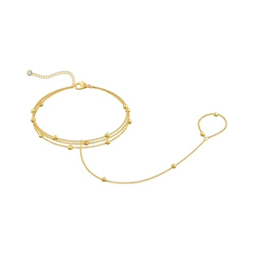 Rainway Chaîne de main en or avec bague pour femme - Plaqué or 14 carats - Réglable - Bracelet avec pendentif - Bracelet connecté avec bague - Bijou tendance - Cadeau