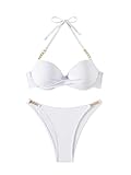 GORGLITTER Bikini Damen Sets Push Up Neckholder Bikinitop mit Ketten Bikinihose Badeanzug Set Bademode Sommer Swimwear Strandurlaubs Outfit Weiß M