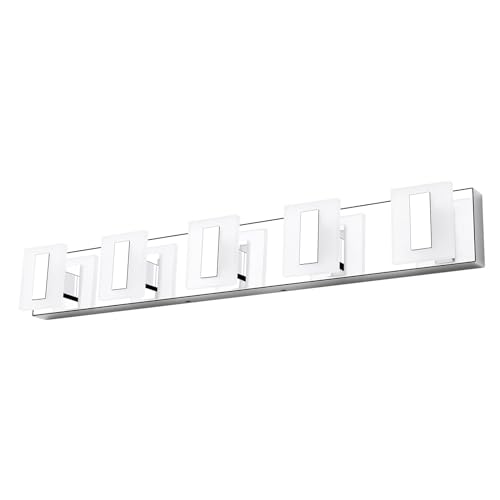 Image of Modern LED Bathroom Vanity Lights, 5 Light 6000K Cool Light Chrome Wall Lighting Fixtures, Acrylic Stainless Steel Vanity Lighting Over Bathroom Vanity Mirror