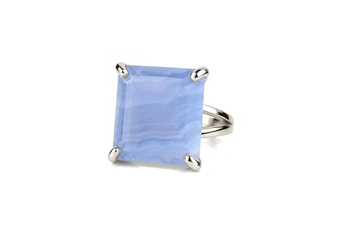 Bague en Agate Bleue Dentelle, bijou solitaire carré en argent sterling 925