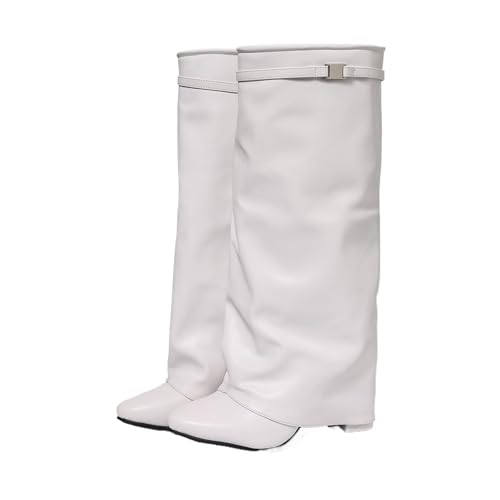 Cuissardes femme bottes hautes évasées plateforme talon carré manchette boucle