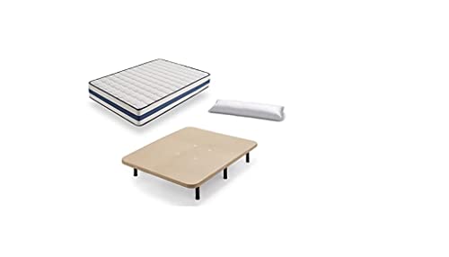 HOGAR24 Base Tapizada + Colchón Viscoelástico Visco-Medicot 3D + Almohada Fibra Resinada, 135x190 - Patas Metal 26 cm