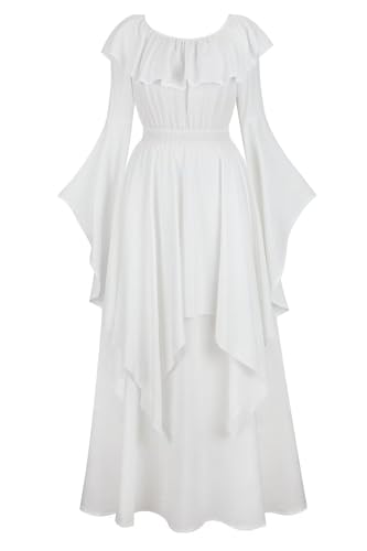 Jutrisujo Mittelalter Kleid Damen Renaissance mit Trompetenärmel Party Frauen Kleidung Kostüm Bodenlang Vintage Retro Festlich Weiß L