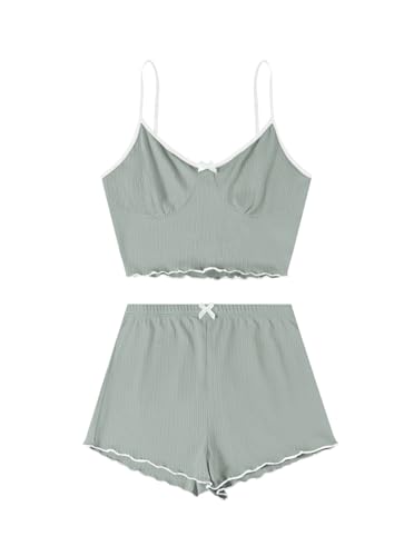 Image of Hilinker Womens Graphic Print Ribbed PJ Set Crop Cami Tops and Shorts Cute Pajamas Set