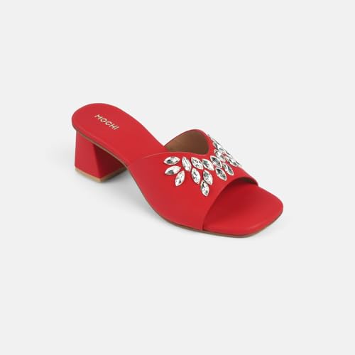 Image of Mochi Women Synthetic Embellished Slip-On Block Heel Sandals