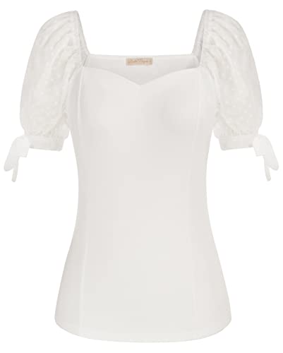 Women Plus Size Off The Shoulder Tops White Vintage Blouse Sheer Puff Sleeve Tee Tops (White, 2Xl) #TOP17