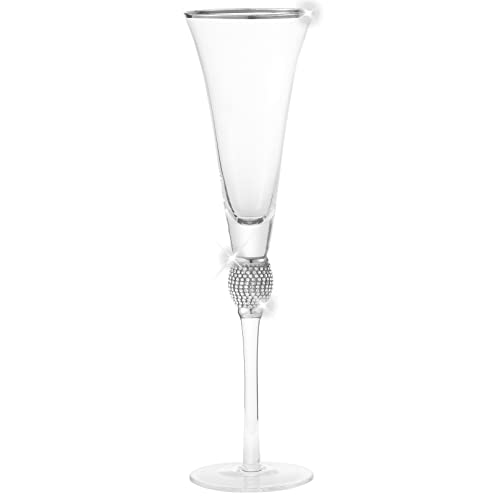 Berkware Set Of 2 Champagne Glasses - Luxurious Champagne Trumpet Flutes With Silver Dazzling Rhinestone Design And Silver Rim #TOP6