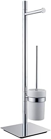Freestanding Toilet Brush and Paper Holder Set Superior Hotel Luxury Style Join Roll Paper and Toilet Brush Non-Skid Sturdy Floor Stand Brass Chrome with White Ceramic Cup