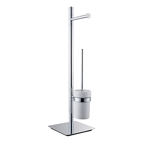Image of Freestanding Toilet Brush and Paper Holder Set Superior Hotel Luxury Style Join Roll Paper and Toilet Brush Non-Skid Sturdy Floor Stand Brass Chrome with White Ceramic Cup