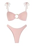 ZAFUL Women's Sexy Tie Spaghetti Strap Bikini Textured O Ring Ruched High Leg Swimsuit Cheeky Bathing Suits (Light Pink, M)