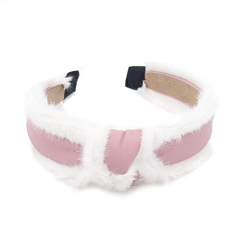 surell Diadema de piel sintética con ribete de piel sintética – Diadema de piel sintética con nudo – diadema de piel falsa esponjosa – rosa y blanco