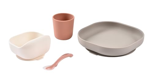Image of BEABA Silicone 4-Piece Meal Set - Easy to Clean - Dishwasher and Microwave Safe - Soft, Unbreakable, Non-Slip Suction Bottom - Includes Plate, Bowl, Cup and 2nd Stage Silicone Spoon (Terracotta)
