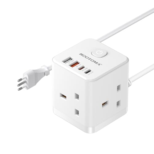 Italy Plug Adapter with 1.5M Extension Cable 3 Way 4 Fast Charging USB (QC3.0/PD20W) Compact Cube Travel Plugs for UK to Italy, Chile, Eritrea, Syria, Uruguay, Type L