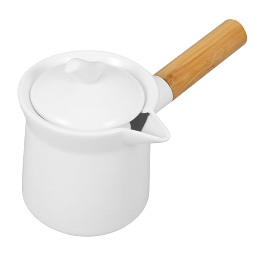 ULTECHNOVO Olla De Leche De Cerámica Ollas De Leche Para Cocinar Olla De Leche Con Leche Recipiente De Leche Para Estufa Mini Esmalte Calentador De Leche Portátil Porcelana Madera Blanco