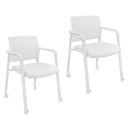Image of CLATINA Mesh Back Guest Reception Stacking Chair with Wheels, Waiting Room Stackable Chairs with Upholstered Leather Seat & Ergonomic Lumbar Support for Office Conference School Lobby, White, 2 Pack