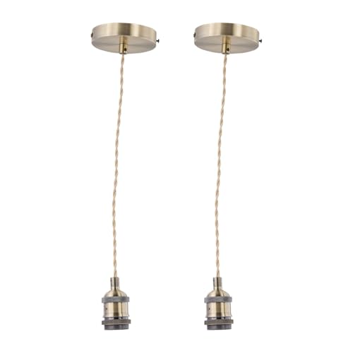 firstchoicelighting Set of 2 Vintage Ceiling Pendant Lights, Antique Brass Finish Retro Design Suspension Kit, Includes Ceiling Rose Braided Cable and Lampholder, Height Adjustable