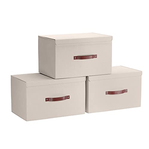 Ornavo Home 3 Pack Collapsible Storage Bins with Lid, 16.5x11.8x7.5, Beige