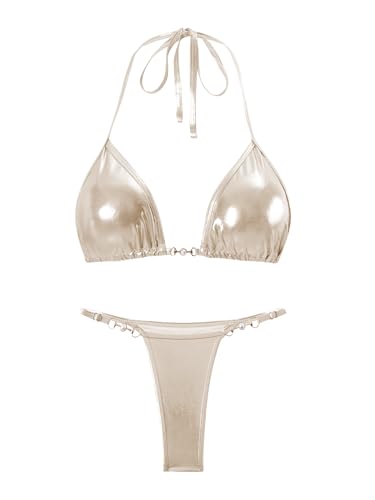 Women's Metallic Triangle Halter Bikini Sets Shiny Tie Back Pearl String Two Piece Swimsuit Bathing Suit Set