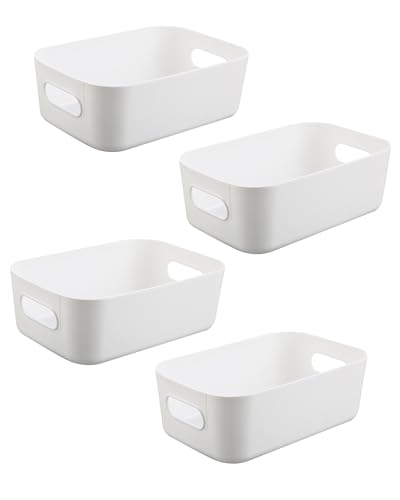 Boîtes de rangement blanches 4 pièces – Bac rangement plastique & panier de rangement, boîtes empilables pour cuisine, armoire et salle de bain (20 × 14 × 7 cm)