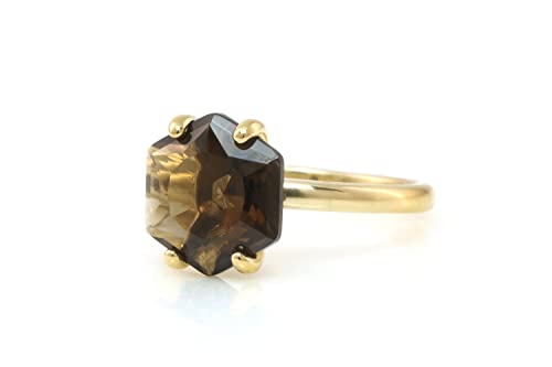 Bague quartz fumé hexagonale en or et cristal sur mesure