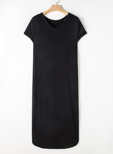 Image of Dokotoo Womens Long Shirts Dress Summer Dresses Swimsuit Coverups for Women Short Sleeve Beach Dress Sundress Plus Size Black Maxi Dresses S