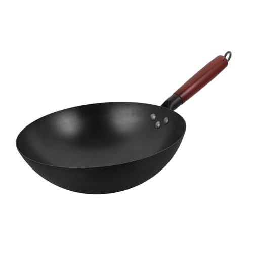 Wok tradicional de hierro con mango de madera para cocina a gas
