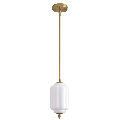 Vintage Milk Glass Pendant Lights 1 Pack 5.5 Inch Mid Century Brass Hanging Ceiling Light Small Adjustable Height Kitchen Island Hanging Lights for Dining Room Kitchen Hallway and Bedroom E12 Base
