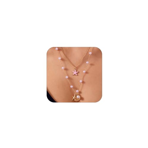 2 collares delicados de oro con diseño de estrella de mar y conchas marinas para mujer, con perlas de concha de mar bohemias, gargantilla de cadena pequeña, collar con dije para playa, vacaciones