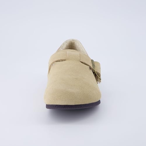 Image of CUSHIONAIRE Women's Nest Genuine Suede Slip-On Shoe with Faux Shearling Lining & Memory Foam | Adjustable Buckle & Non-Slip Sole