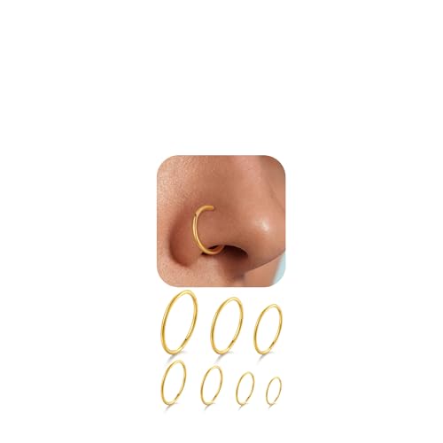 Titanium Gold Nose Ring Hoop Earrings Set - 7 Sizes 18G Nose Rings for Women Men Sensitive Skin Septum Rings Cartilage Earring Helix Tragus Conch Rook Lip Tragus Nostril Piercing Jewelry 5mm-12mm