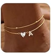 Gold Initial Ankle Bracelets for Women, 14K Gold Plated Dainty Love Heart CZ Trendy Layered Lette...