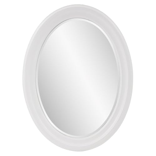 Image of Howard Elliott Collection George Oval Matte White Wall Mirror, Oval Bevelled Hanging Wood Framed Vanity Mirrors for Home Decor, Living Room, Bathroom, Bedroom, or Hallway, 25 x 33 Inch