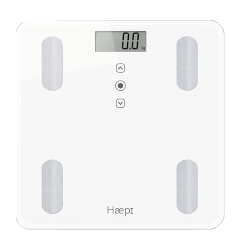 Haepi -Pesa persone impedenzimetro in vetro-analisi del corpo (massa grassa, massa ossea, massa muscolare, massa idrica)- BMI e Kcal- Design e preciso- Batterie incluse- Garanzia 15 anni