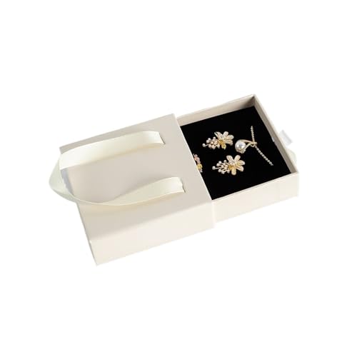 スライド式引き出し式ペンダント&イヤリングギフトボックス(女性用)カスタムロゴ入りポータブルウェディングエンゲージメントガールズジュエリーボックス(Beige,8x8x3cm)