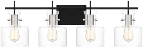 Quoizel Pensbury 32 Inch 4 Light Matte Black Bath Vanity Light with Clear Glass Shades and Brushed Aluminum Accents, Modern Wall Light for Bathroom or Powder Room