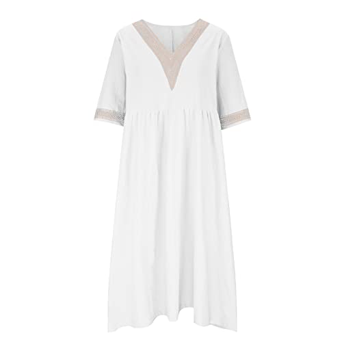 Vestidos femininos de manga curta para mulheres, gola V, linho, praia, havaiano, plissado, maxi vest