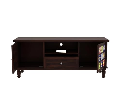 Image of Premium Solid Sheesham Wood TV Unit with 1 Drawer, 3 Shelves, and 2-Door Storage - Accommodates up to 55-Inch TV - Ideal for Elegant Living Rooms (Sebastian, Walnut Finish)