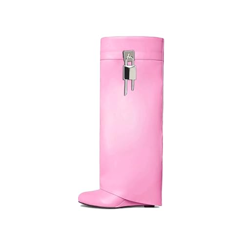 Image of keleimusi Fold Over Wedge Boots Heeled PadLock Pant Knee High Shoes Tall /Short Booties