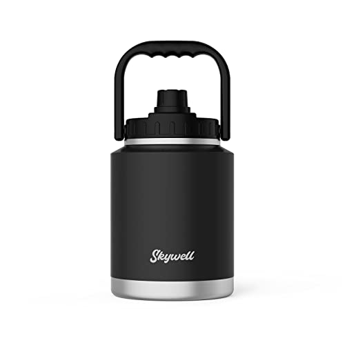 Skywell - Botella de agua aislada de acero inoxidable de 64 onzas con mango ancho, a prueba de sudor y fugas, para senderismo, camping y exteriores, color negro