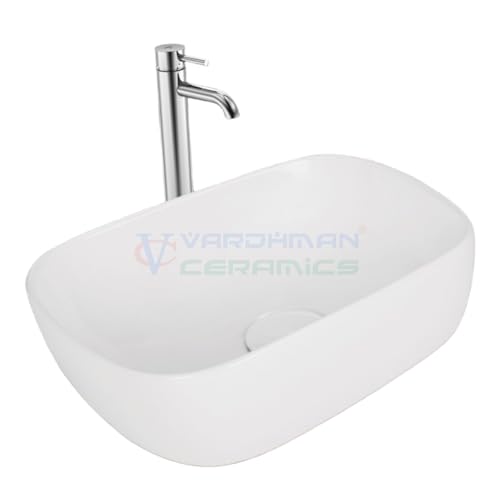 Image of Wash Basin Table Top Over Counter Vessel Sink Glossy Finish White Sink for Bathroom (14 x 10 x 4.5 Inch)