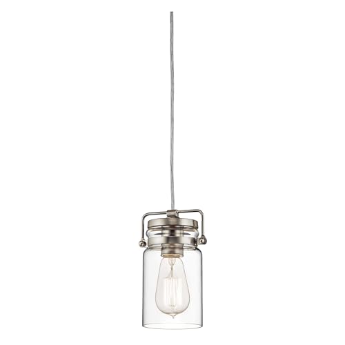 Kichler Brinley 7.75" Kitchen Pendant in Brushed Nickel, Mini Farmhouse Pendant with Clear Glass, (7.75" H x 4.75" W), 42878NI, 1-Light