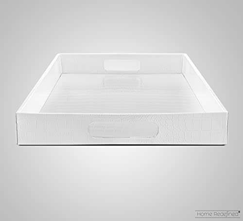 Home Redefined 17.5"x12" White Glossy Crocodile Faux Leather Serving Tray Beautiful Modern Elegant Decorative Tray with Handles Ottoman Coffee Table Perfume Display Makeup for All Occasion's