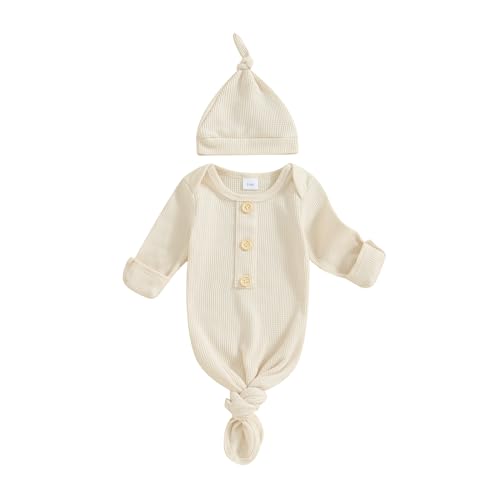 Image of KMBANGI Newborn Baby Boys Girls Knotted Gown Hat Set Long Sleeve Button Infant Sleeper Baby Sleep Gown with Mittens