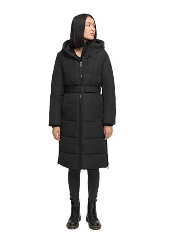 Navahoo Damen Wintermantel (XS-3XL) - gesteppt mit Kapuze, Gürtel, 6 Taschen - N072 - Schwarz Größe XL - Gr.XL