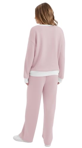 Image of WIHOLL Lounge Sets for Women 2026 V Neck 2 Piece Outfits Airport Wide Leg Pants Matching Set Sweatsuits