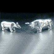 Set of Bull and Bear Wall Street Stock Market Silver Plated Paperweights Figurines